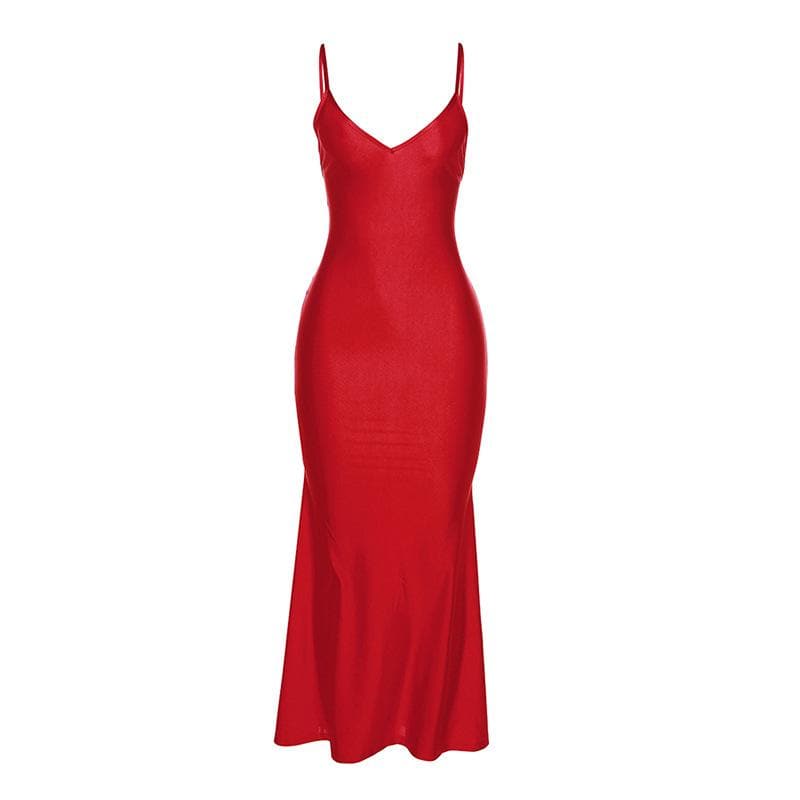 Deep V Neck Spaghetti Strap Ruched Mermaid Maxi Dress
