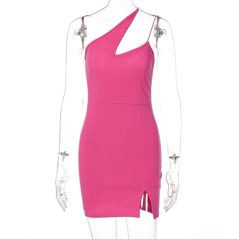 Asymmetric Strap Chest Cutout Spaghetti Strap Side Slit Mini Dress