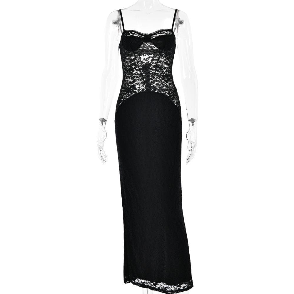 Corset Bodice Sheer Lace Spaghetti Strap Column Maxi Gown