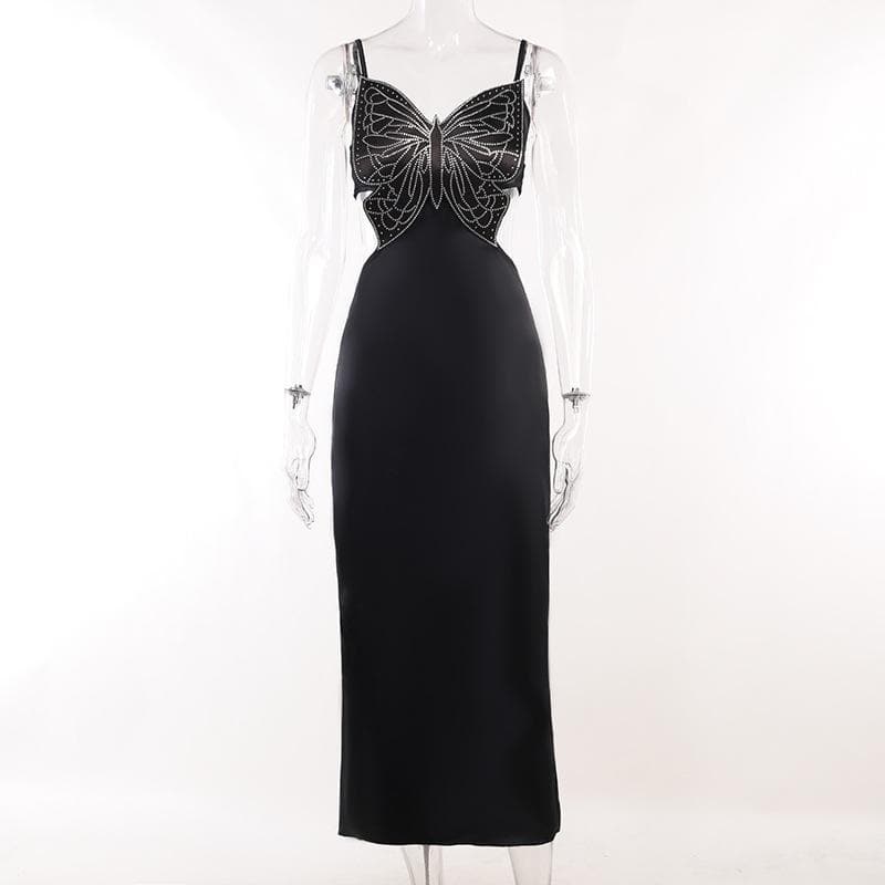 Rhinestone Butterfly Motif Spaghetti Strap Waist Cutout Satin Maxi Dress