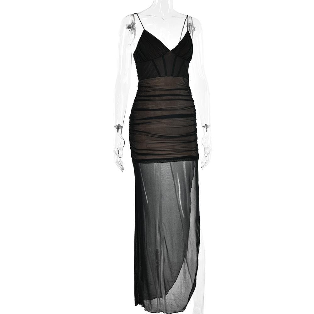 Sweetheart Spaghetti Strap Mesh Overlay Ruched Corset High Slit Maxi Dress
