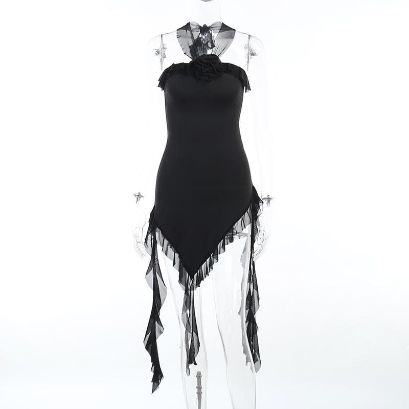 Strapless Ruffle Trim 3D Floral Applique Asymmetric Hem Backless Mini Dress