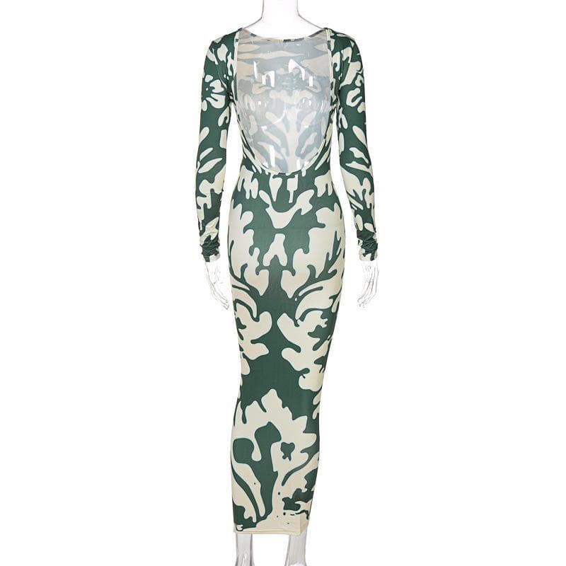 Crew Neck Long Sleeve Abstract Symmetrical Print Bodycon Midi Dress
