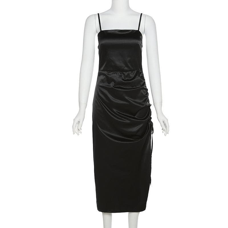 Satin Square Neck Side Ruched Drawstring Slit Bodycon Midi Dress