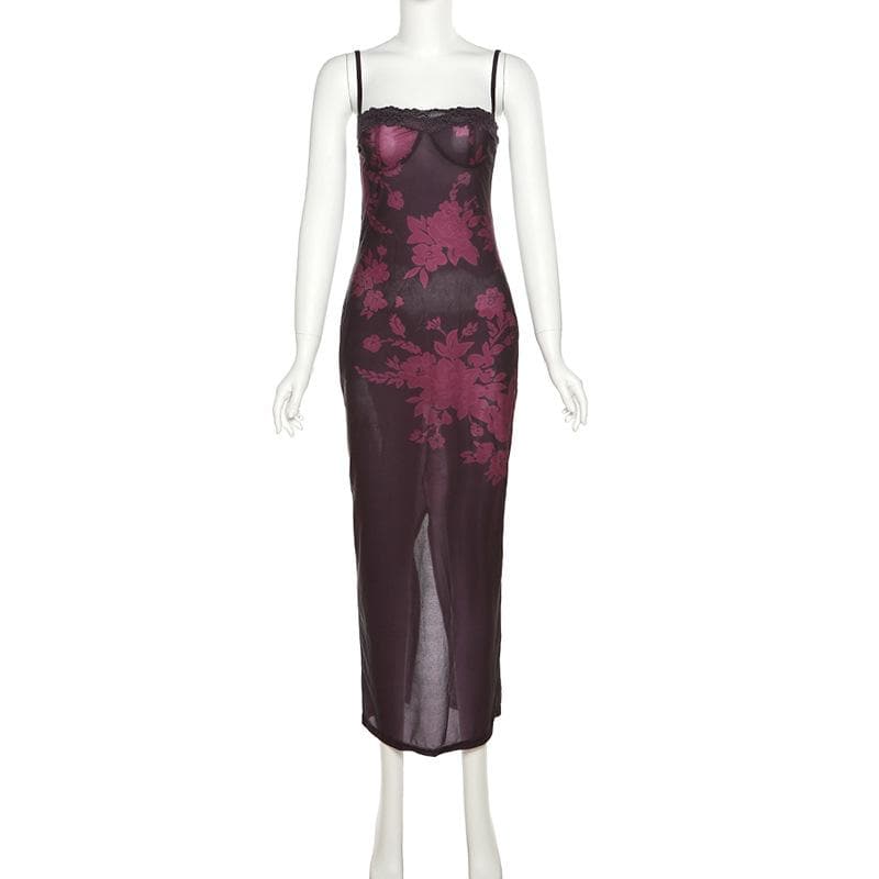 Floral Print Lace Trim Bustier Spaghetti Strap Bodycon Maxi Slip Dress