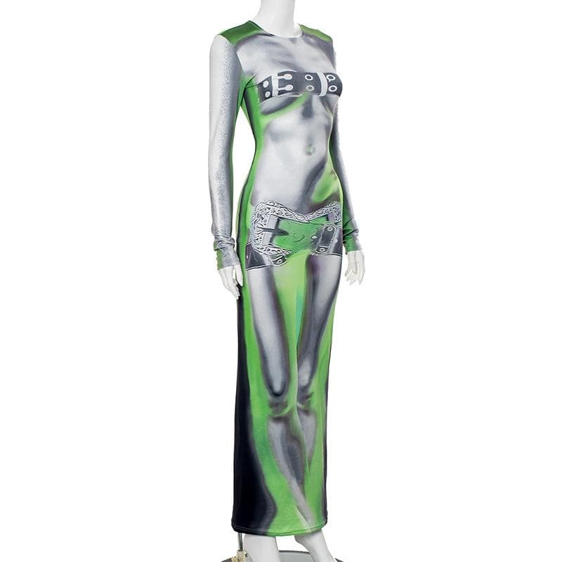 Crew Neck Long Sleeve Body Print Harness Belt Illusion Maxi Dress