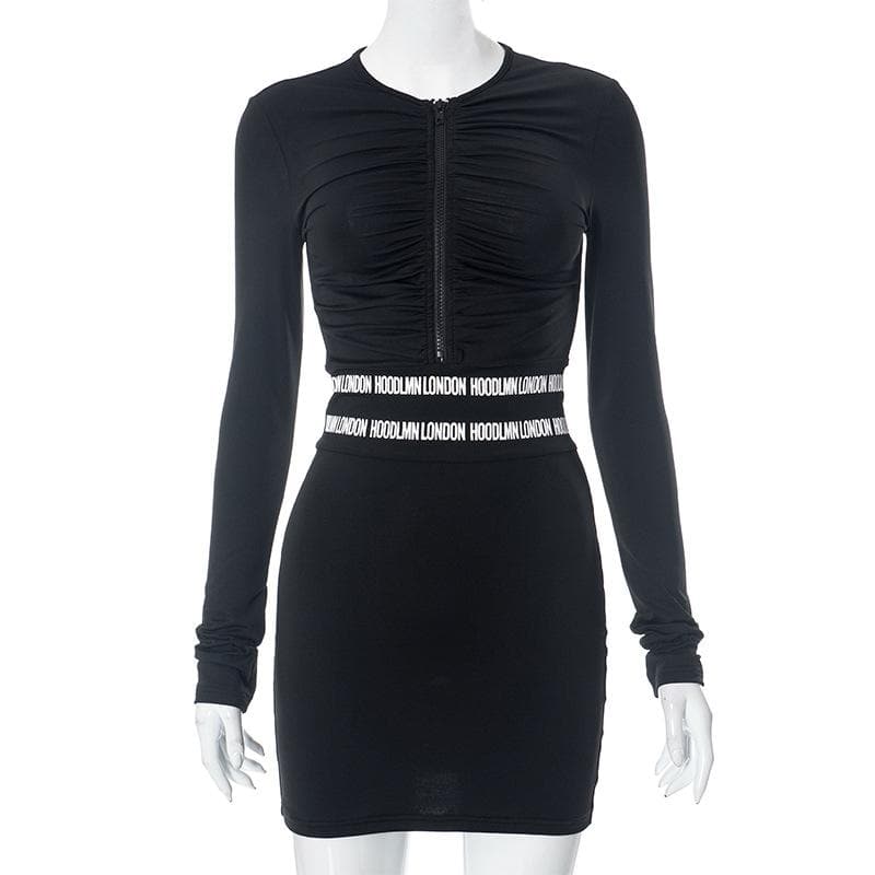 V-Neck Zip Front Ruched Long Sleeve Contrast Waist Tape Bodycon Mini Dress