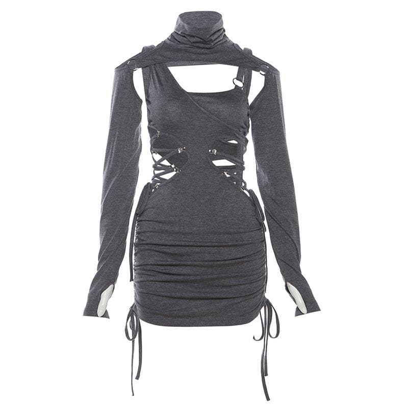 Mock Neck Lace-Up Cutout Drawstring Mini Dress