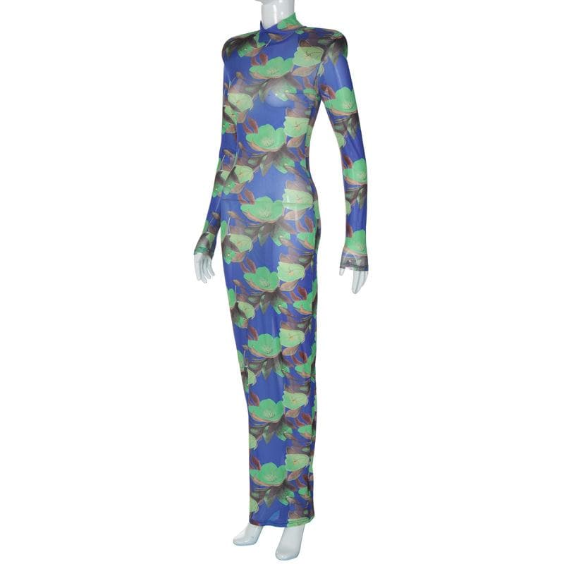 Floral Print Sheer Mesh Padded Shoulder Mock Neck Maxi Dress
