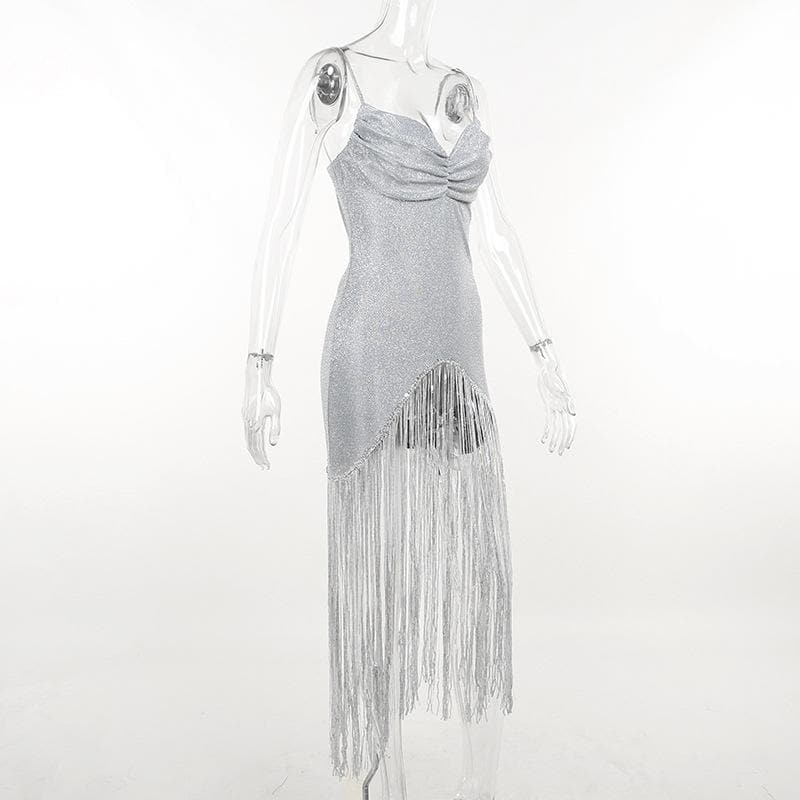 Sweetheart Neck Ruched Glitter Fringe Hem Cami Maxi Dress
