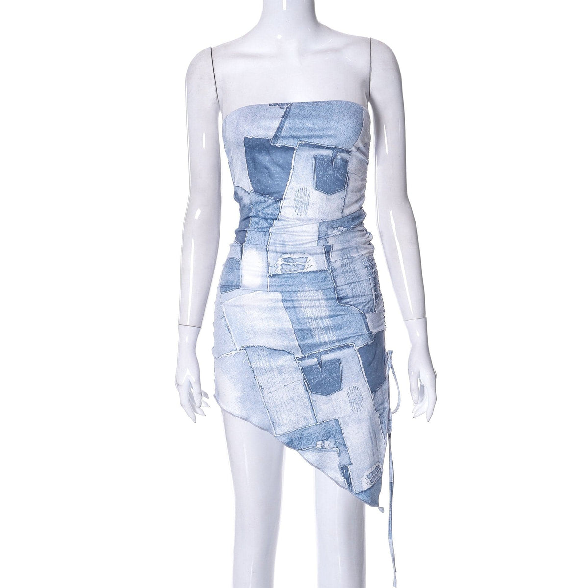 Strapless Denim Patchwork Ruched Drawstring Asymmetric Hem Mini Dress