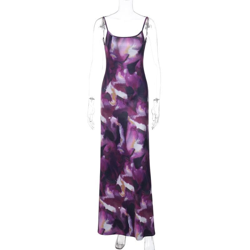 Square Neck Spaghetti Strap Abstract Marble Print Bodycon Maxi Dress