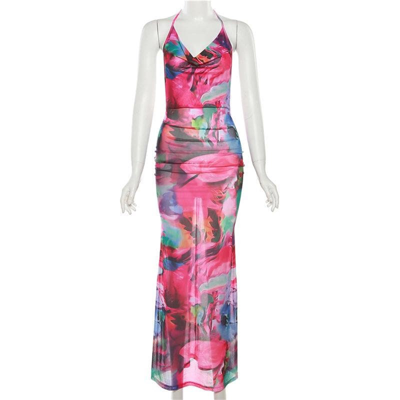 Abstract Floral Print Halter Cowl Neck Bodycon Maxi Dress
