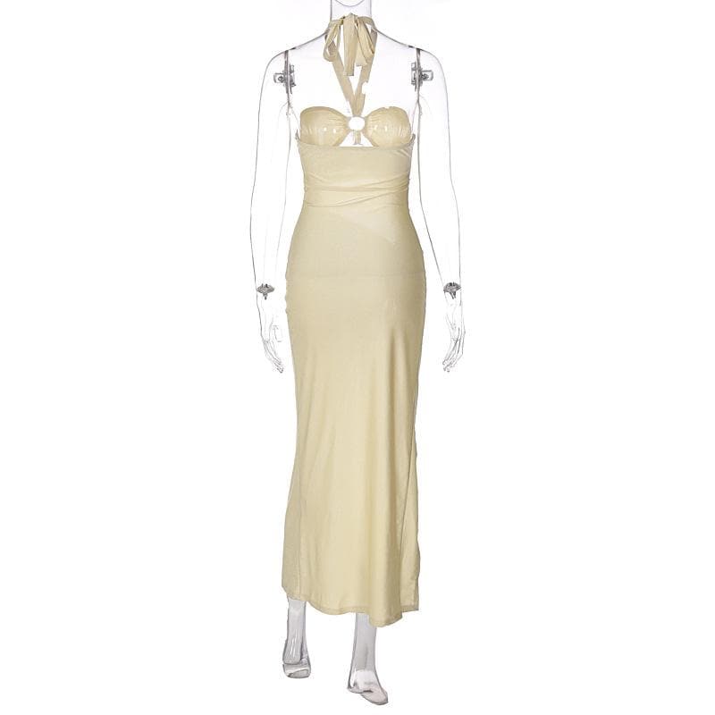Halter Neck O Ring Cutout Ruched Drawstring High Slit Midi Dress
