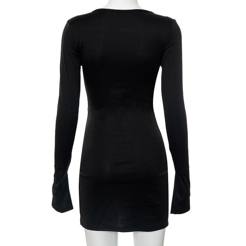 Deep V Neck Long Sleeve Dual Front Slit Bodycon Mini Dress