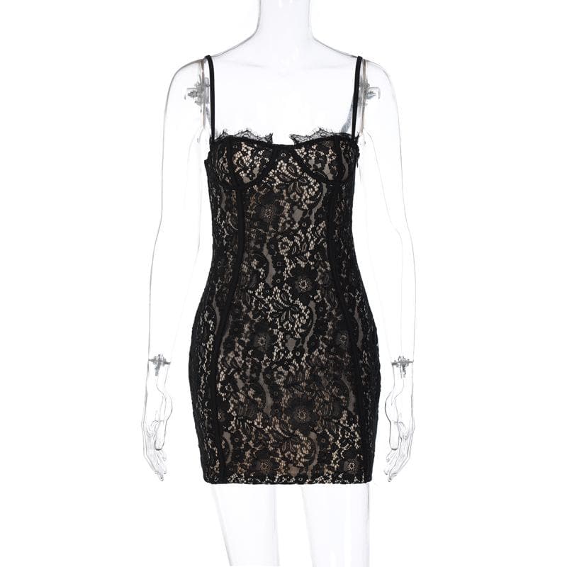 Floral Lace Sweetheart Bustier Spaghetti Strap Zip Back Mini Dress