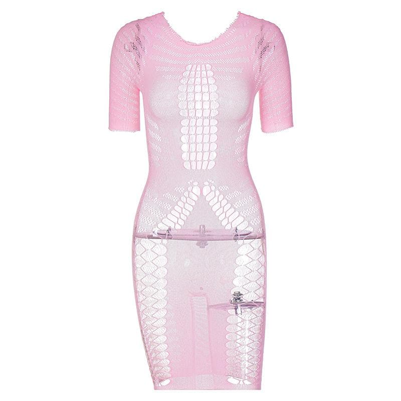 Crew Neck Short Sleeve Fishnet Mesh Hollow Out Bodycon Mini Dress