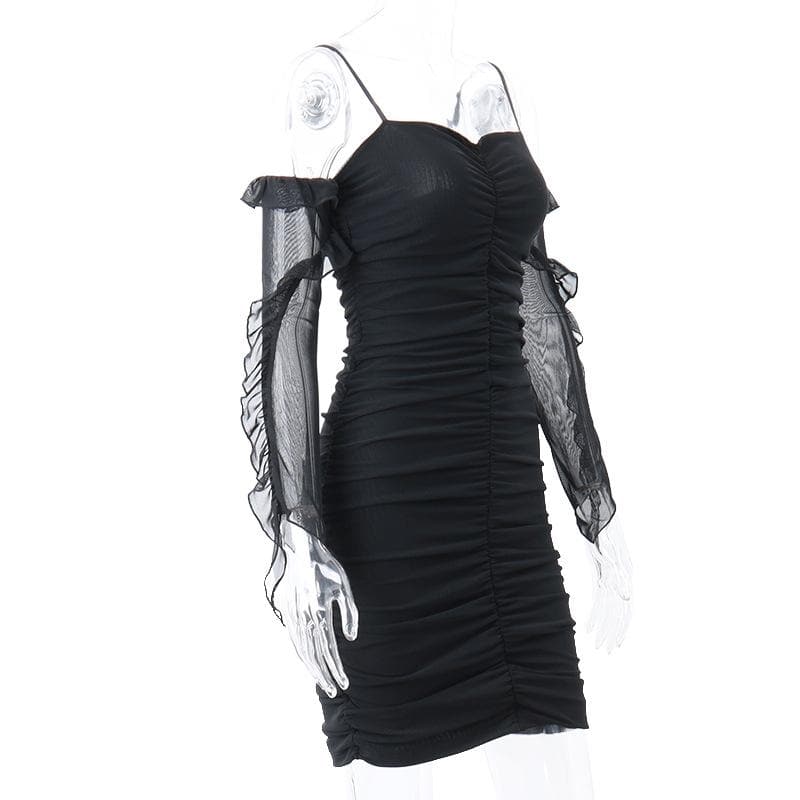 Sweetheart Neck Spaghetti Strap Ruched Mesh Ruffle Sleeve Bodycon Mini Dress