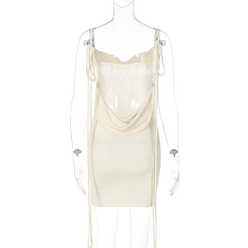 Cowl Neck Velvet Ribbon Tie Shoulder Bodycon Mini Dress