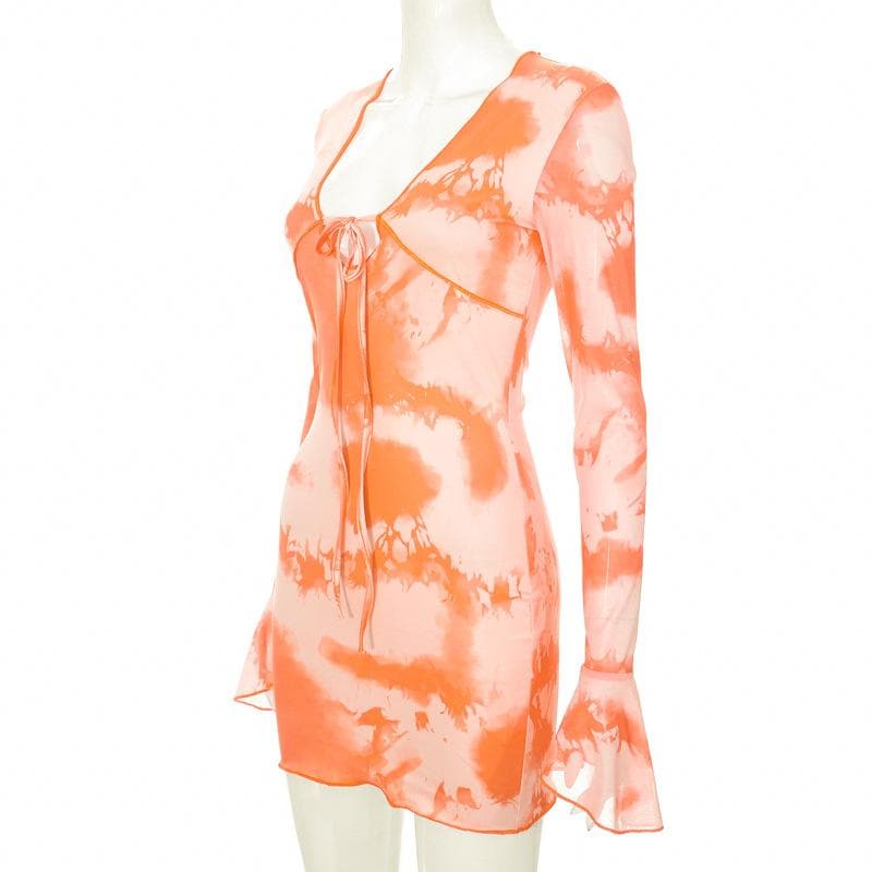 Tie-Dye Print Bell Sleeve Scoop Neck Keyhole Tie Bodycon Mini Dress