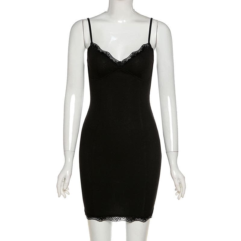 Lace Hem Sweetheart Spaghetti Strap Backless Cami Mini Dress