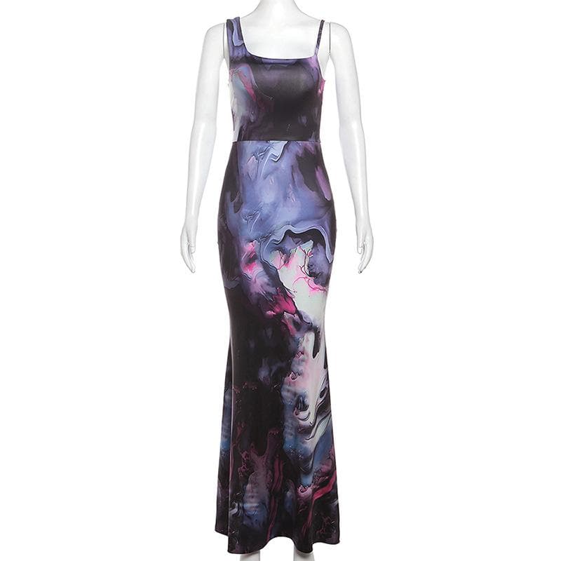 Square Neck Spaghetti Strap Abstract Marble Print Mermaid Maxi Dress