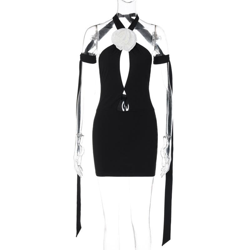 Flower Applique Halter Neck Cutout Cross Waist Bodycon Mini Dress