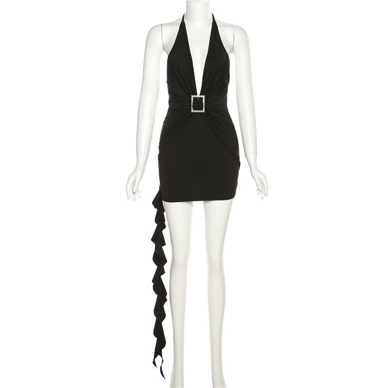 Halter Plunging V Neck Rhinestone Buckle Ruffle Detail Mini Dress