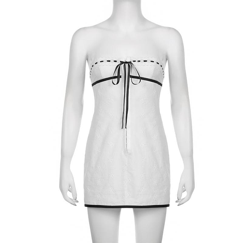 Eyelet Strapless Contrast Bow Trim Tube Mini Dress