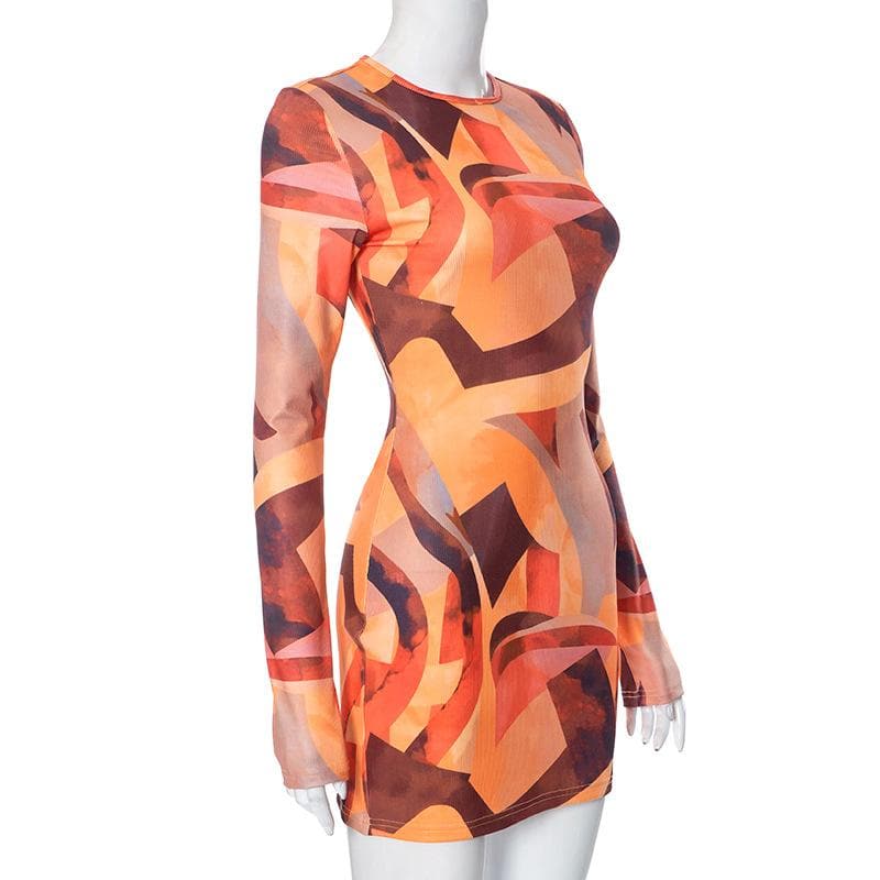 Abstract Geometric Print Long Sleeve Crew Neck Bodycon Mini Dress