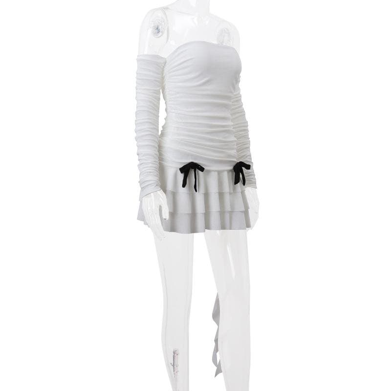 Off Shoulder Ruched Bow Tie Tiered Ruffle Cascade Hem Mini Dress