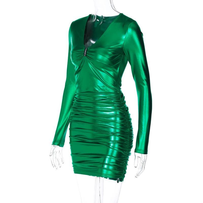 Metallic Ruched Deep V Long Sleeve Bodycon Mini Dress