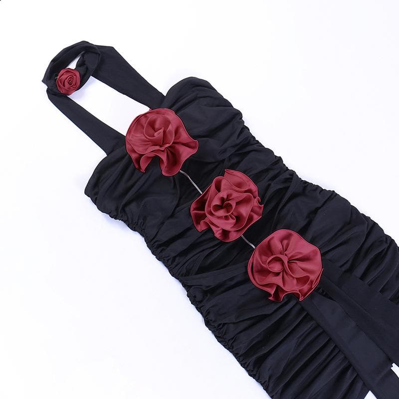 Strapless Rosette Applique Cutout Waist Ruched Bodycon Mini Dress with Choker