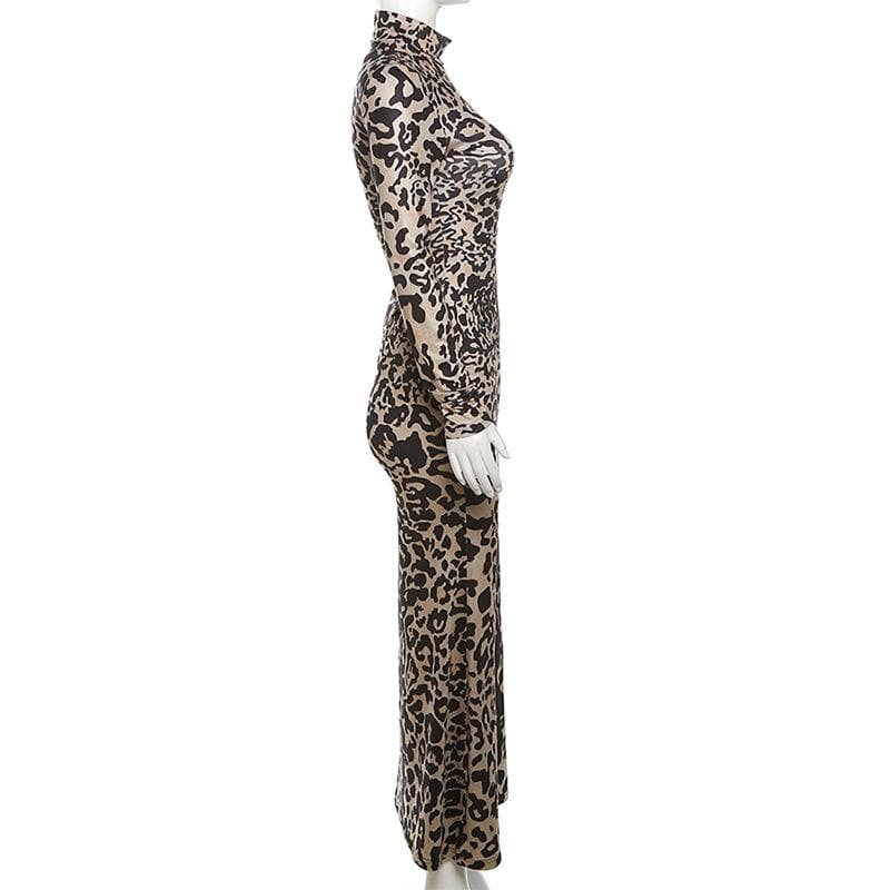 Print Turtleneck Long Sleeve Bodycon Maxi Dress