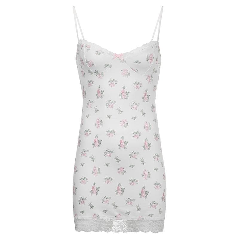Spaghetti Strap Floral Print Lace Trim Sweetheart Slip Mini Dress