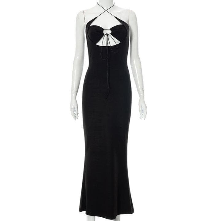 Halter Neck Cutout Gathered Bust String Detail Bodycon Maxi Dress