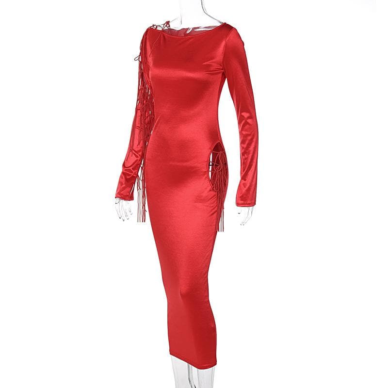 Boat Neck Long Sleeve Lace Up Cutout Tassel Satin Maxi Dress