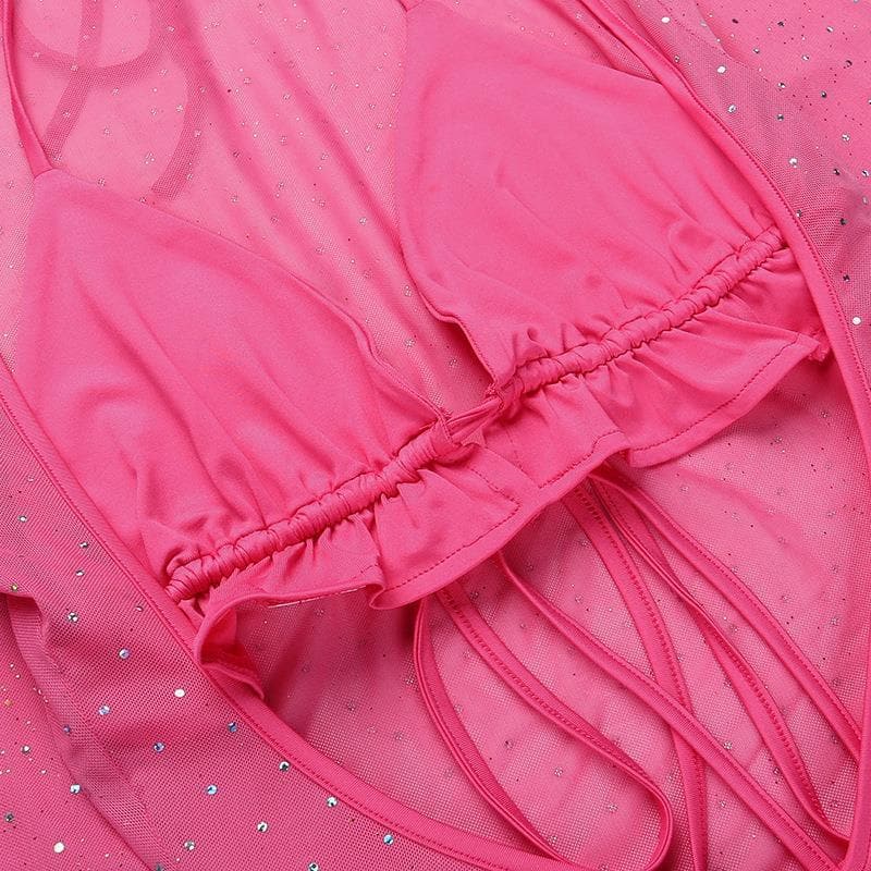 Rhinestone Mesh Long Sleeve Midriff Cutout Ruched Drawstring Bikini Cover Up Set