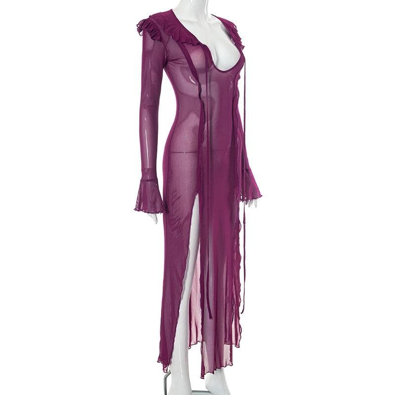 Sheer Mesh Ruffle Cuff Deep V Neck High Slit Flared Sleeve Maxi Dress