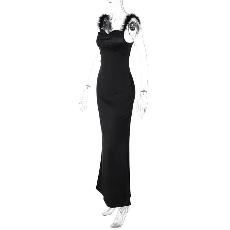 Sweetheart Spaghetti Strap Feather Trim Satin Column Maxi Dress
