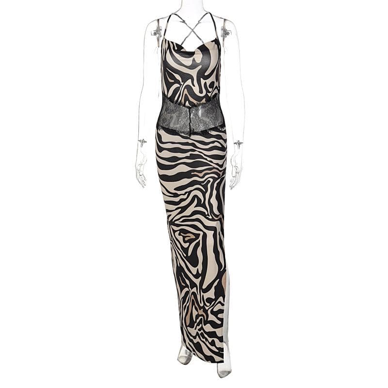 Square Neck Spaghetti Strap Lace Waistband Zebra Print Side Slit Maxi Dress
