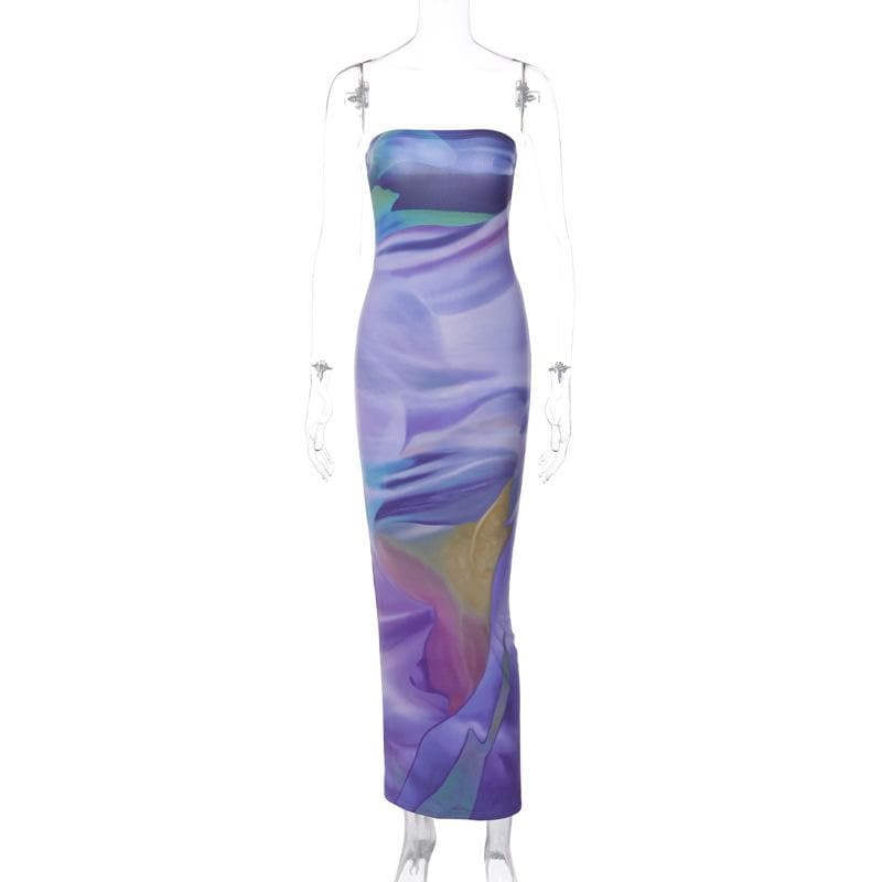 Strapless Abstract Watercolor Print Bodycon Maxi Dress