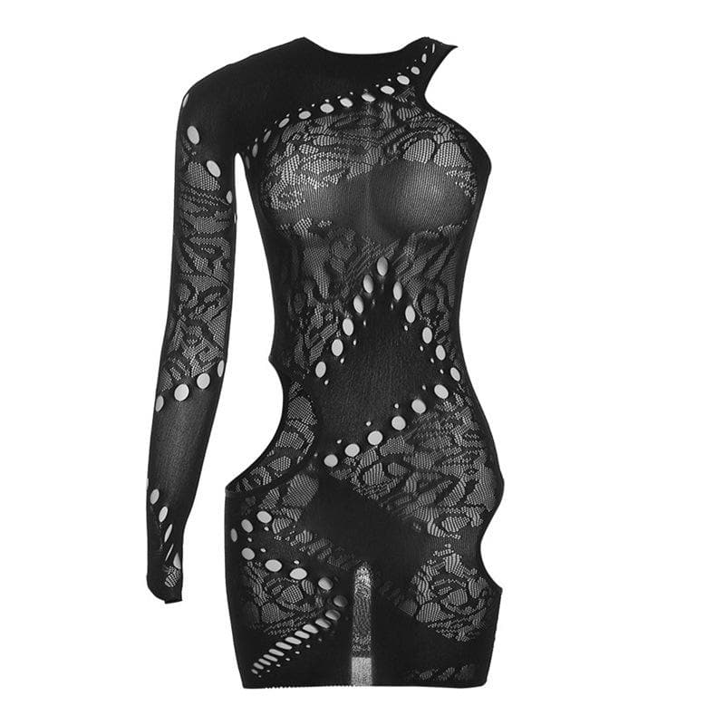 One Sleeve Irregular Cutout Floral Mesh Sheer Bodycon Mini Dress