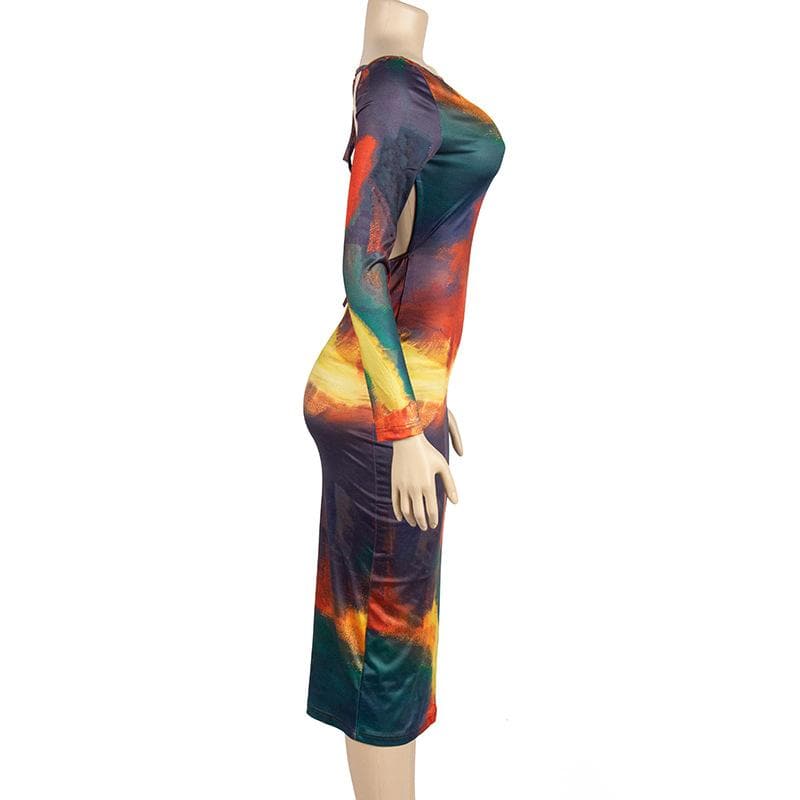 Crew Neck Long Sleeve Abstract Brushstroke Print Bodycon Maxi Dress