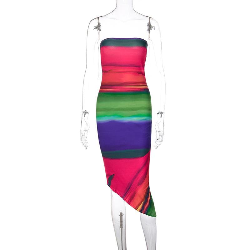 Strapless Watercolor Stripe Print Asymmetrical Hem Bodycon Midi Dress