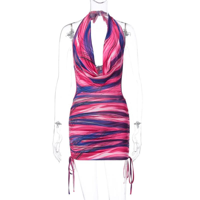 Abstract Print Cowl Neck Halter Side Cutout Drawstring Ruched Bodycon Mini Dress