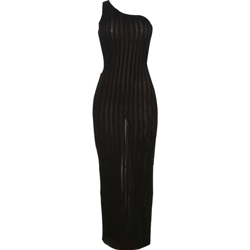One Shoulder Vertical Ruffle Lettuce Edge Sheer Bodycon Dress