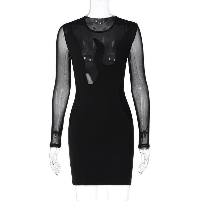 Mesh Long Sleeve Flame Panel Cut Out Bodycon Mini Dress