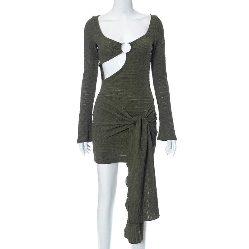 Deep Scoop Neck O-Ring Cutout Side Tie Ruched Bodycon Mini Dress