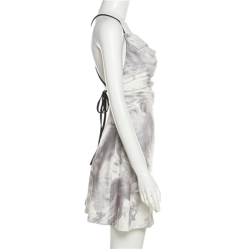 Marble Tie Dye Print Cowl Neck Spaghetti Strap Side Ruched Cami Mini Dress